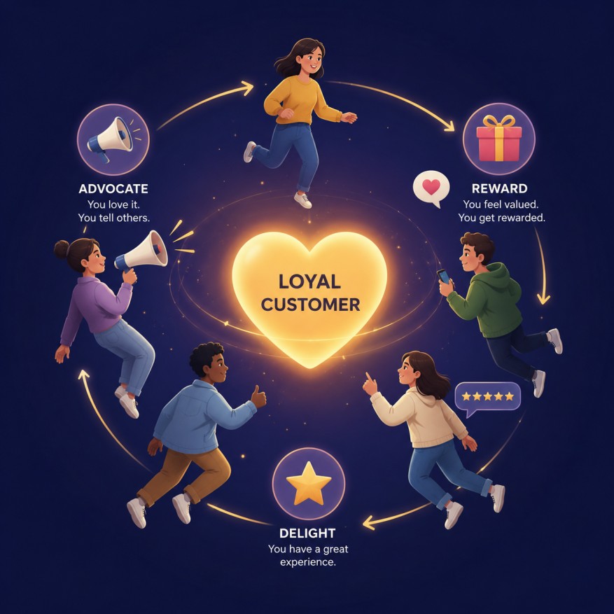 Illustration of a customer loyalty loop: people orbiting a glowing heart with megaphone, gift and star icons